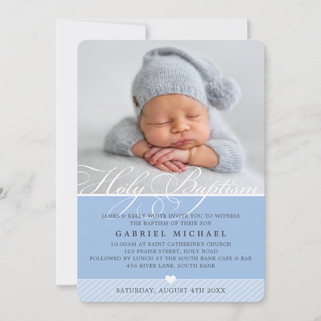 PHOTO BAPTISM fancy calligraphy flourish boy blue Invitation (Front)