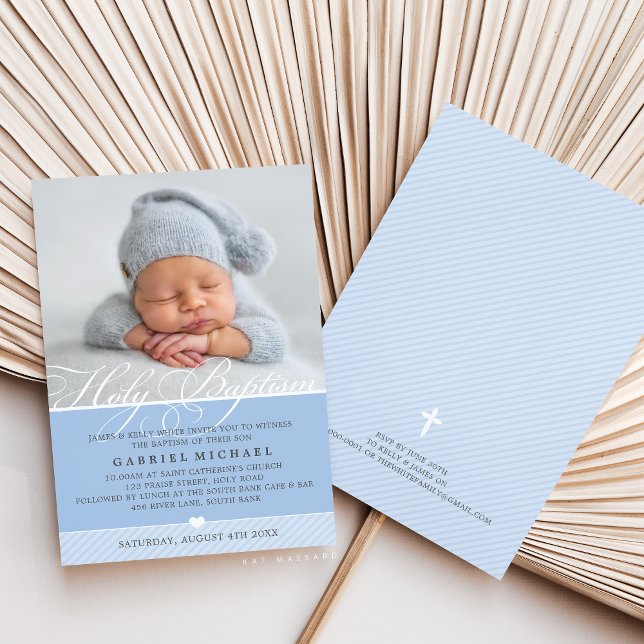 PHOTO BAPTISM fancy flourish calligraphy boy blue Invitation (Creator Uploaded)