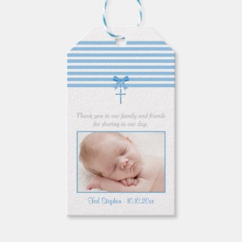 Photo Baptism Favor Gift Tag | Blue by OrangeOstrichDesigns at Zazzle