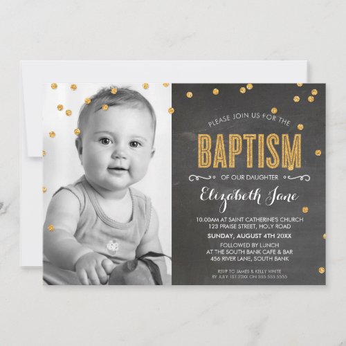PHOTO BAPTISM gold glitter confetti chalkboard Personalized Announcement