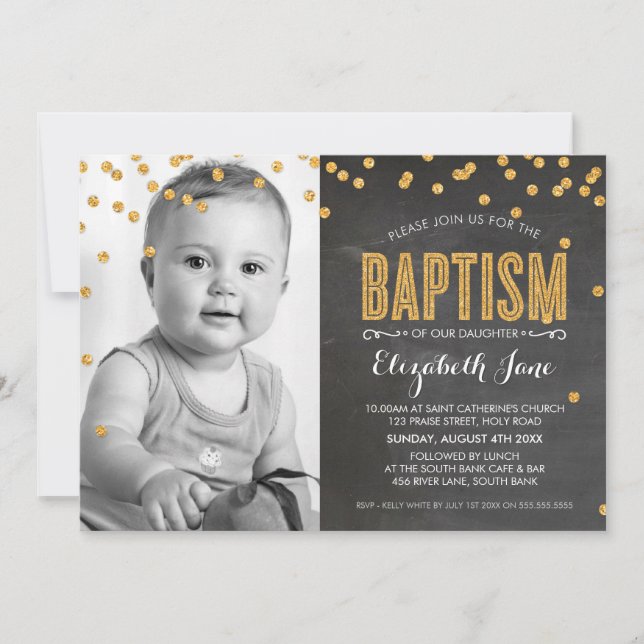 PHOTO BAPTISM gold glitter confetti chalkboard Invitation (Front)