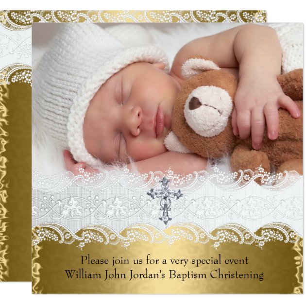 Photo Baptism Gold Lace Cross Baby Boy Girl Card