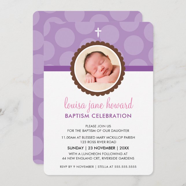 PHOTO BAPTISM INVITE cute polka dot pattern purple (Front/Back)