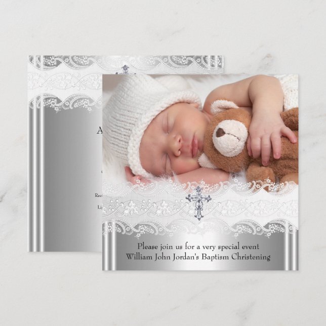 Photo Baptism Lace Cross Baby Boy Girl Silver 2 Invitation (Front/Back)