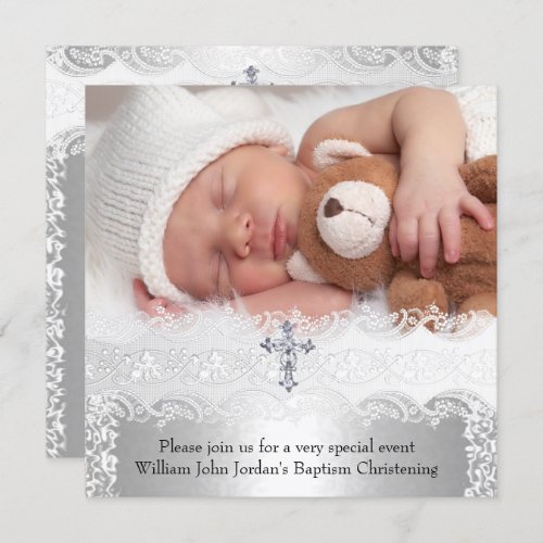 Photo Baptism Lace Cross Baby Boy Girl Silver Invitation