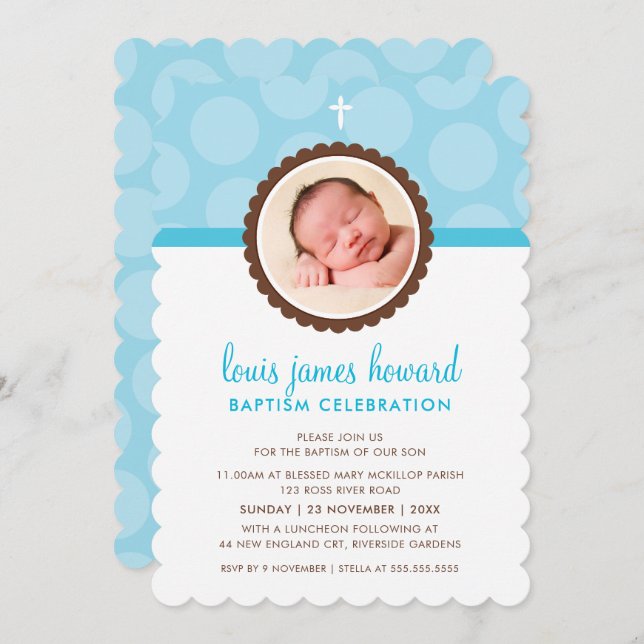 PHOTO BAPTISM modern polka dot pattern blue boy Invitation (Front/Back)