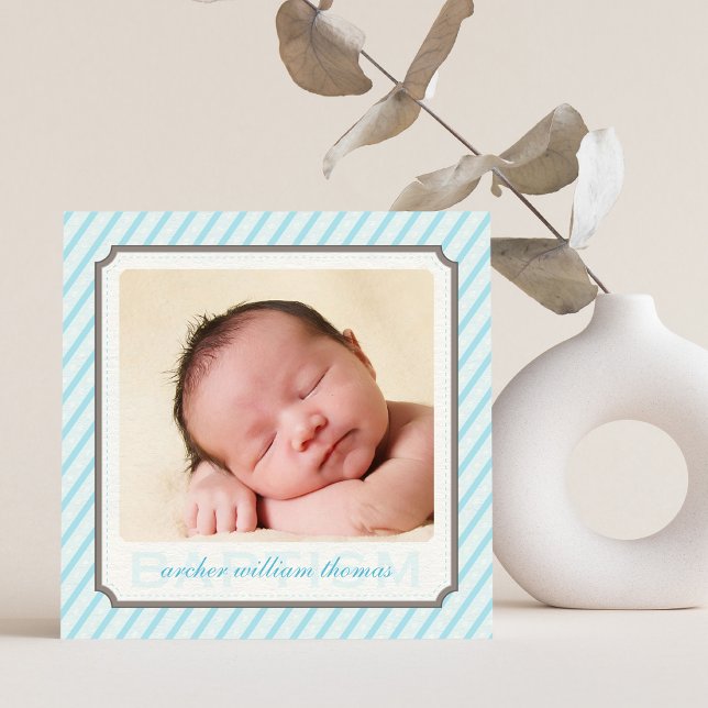 PHOTO BAPTISM modern vintage candy stripes blue Invitation (Creator Uploaded)