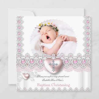 Photo Baptism Pink Silver Heart Cross Girl Pearl 2 Invitation