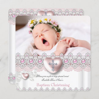 Photo Baptism Pink Silver Heart Cross Girl Pearl Invitation