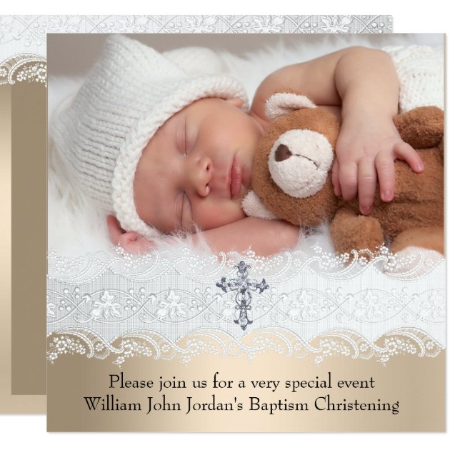 Photo Baptism White Beige Cross Baby Girl Boy Card