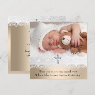 Photo Baptism White Beige Cross Baby Girl Boy Invitation