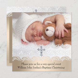 Photo Baptism White Beige Cross Baby Girl Boy Invitation