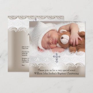 Photo Baptism White Beige Cross Baby Girl Boy Invitation