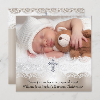 Photo Baptism White Beige Cross Baby Girl Boy Invitation