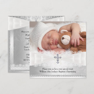 Photo Baptism White & Silver Cross Invitation