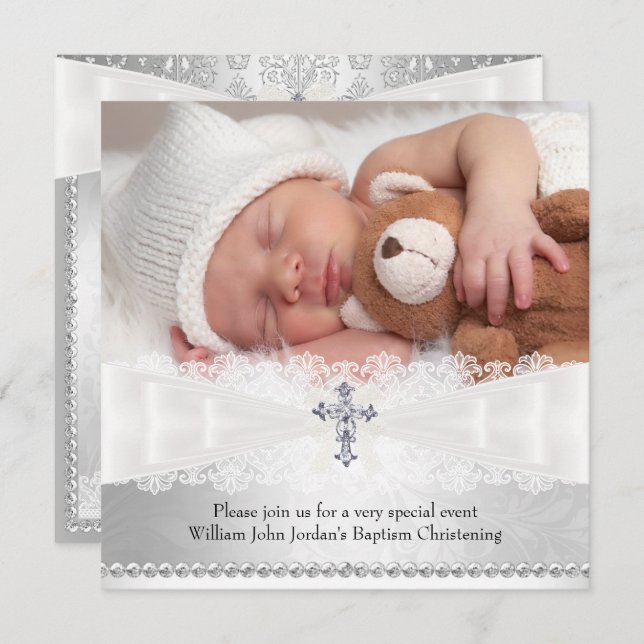 Photo Baptism White & Silver Cross Invitation (Front/Back)
