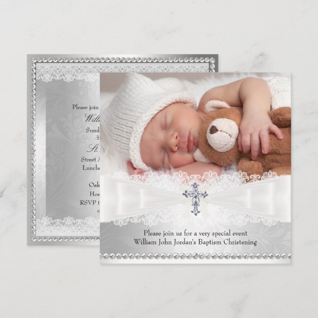 Photo Baptism White & Silver Cross Invitation (Front/Back)