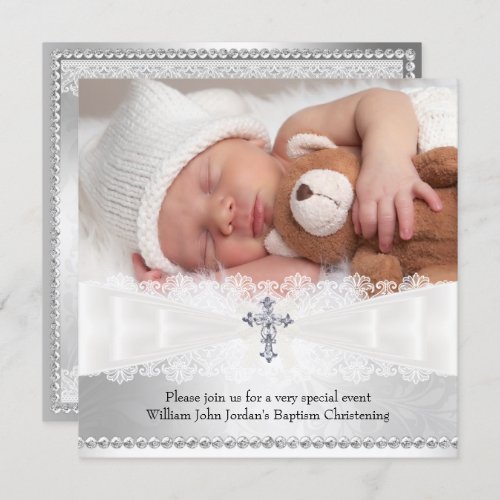 Photo Baptism White  Silver Cross Invitation