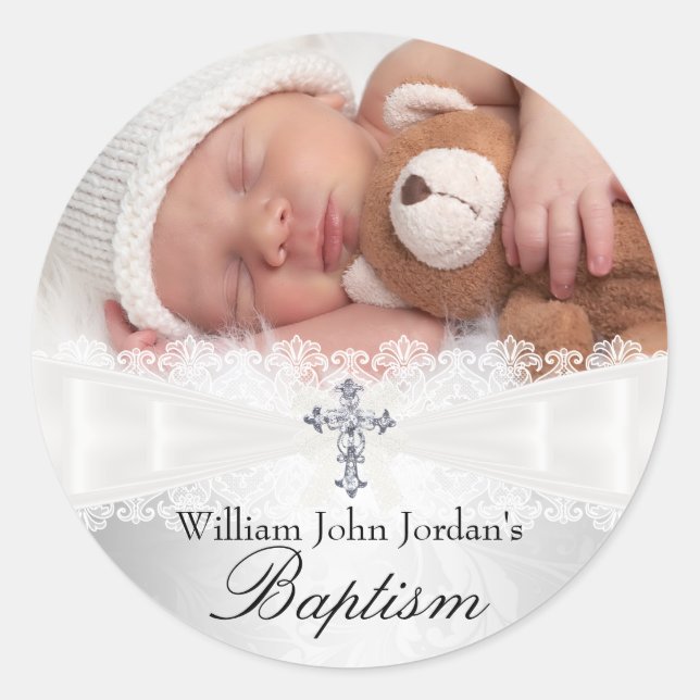Photo Baptism White Silver Cross Sticker (Front)