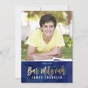 PHOTO BAR MITZVAH modern blue watercolor gold type Invitation