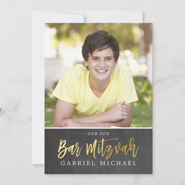 PHOTO BAR MITZVAH modern chalkboard gold writing Invitation (Front)