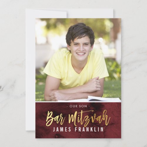 PHOTO BAR MITZVAH red maroon watercolor gold type Invitation