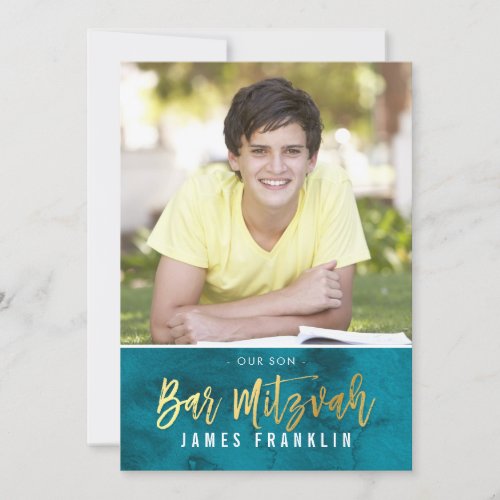 PHOTO BAR MITZVAH teal blue watercolor gold type Invitation