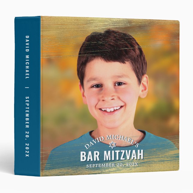 Photo Bar Mitzvah Turquoise Gold Typography Bold 3 Ring Binder (Front/Spine)