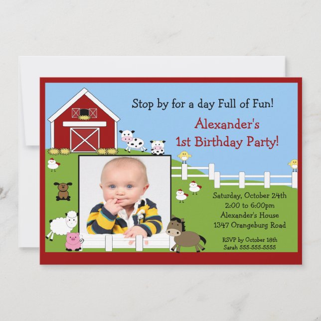 Photo Barn Animals Fun 1st Birthday Invitation (Front)