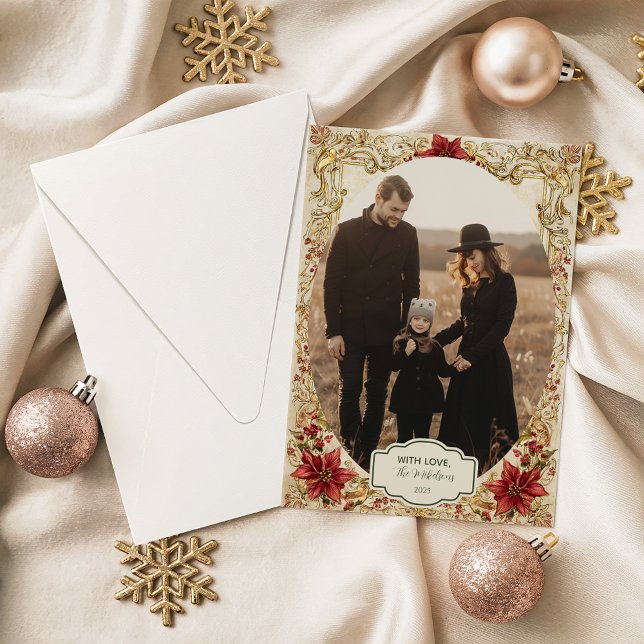 Photo Baroque Poinsettia Elegance Christmas Holiday Card (Creator Uploaded)