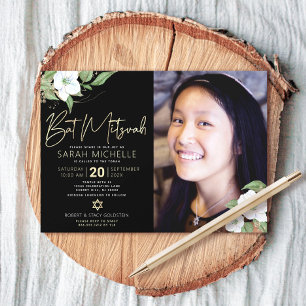 Photo Bat Mitzvah Black Gold Floral Watercolor Invitation