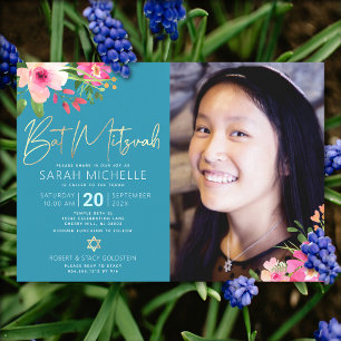 Photo Bat Mitzvah Blue Floral Watercolor Script Invitation