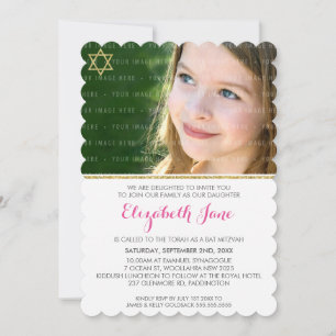 PHOTO BAT MITZVAH chevron stripe gold glitter pink Invitation