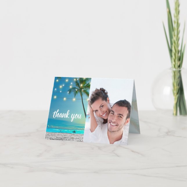 Photo Beach Palms String Lights Wedding Thank You Card (Front)