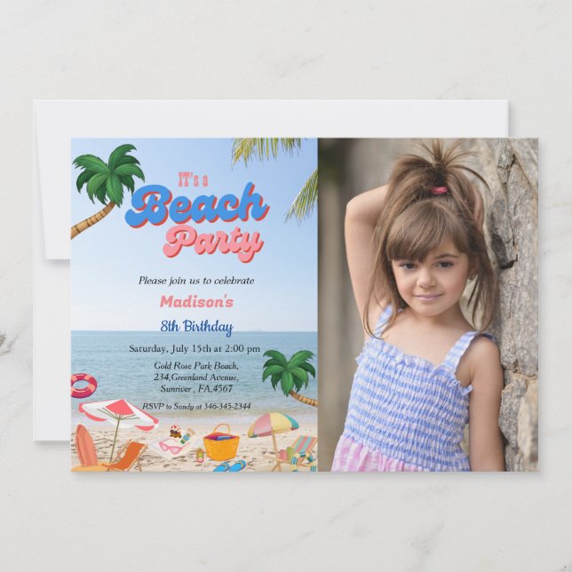 Photo beach party birthday, summer beach birthday  invitation (Front)