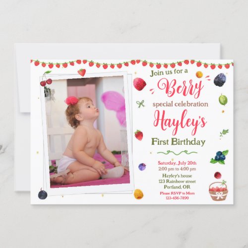 Photo berry birthday invitation Sweet party invite