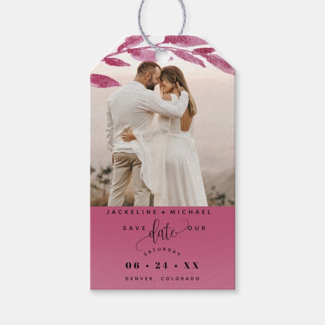 Photo, Berry colored Leaves Wedding Save the Date Gift Tags (Front)