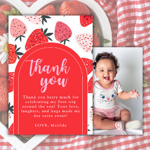 Photo Berry First Birthday Strawberry Red Arch Thank You Card