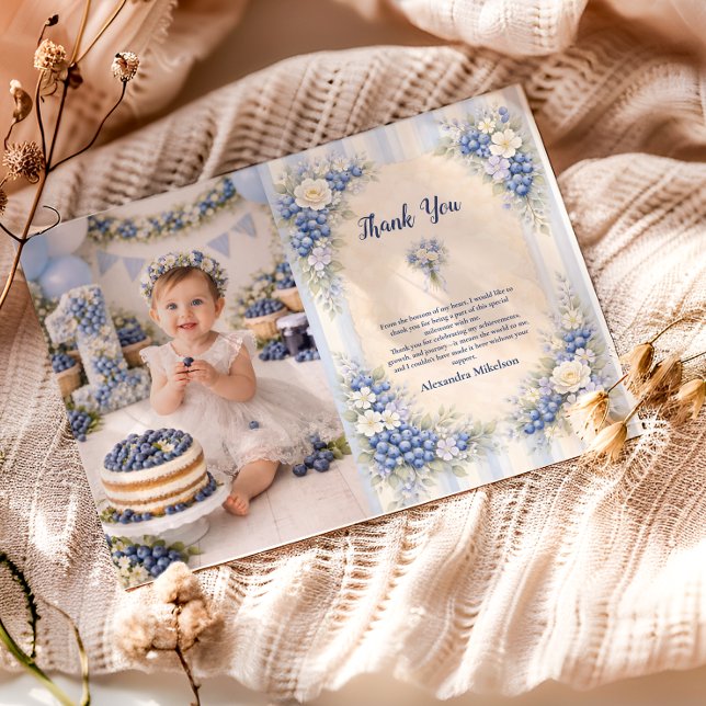 Photo Berry First Blue Garden Party 1st Birthday Thank You Card (Creator Uploaded)