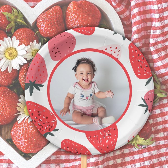 Photo Berry First Strawberry Birthday Party Paper Plates (Creator Uploaded)