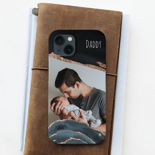 Photo Best Dad Modern Elegant Black Gold Marble  iPhone 13 Case