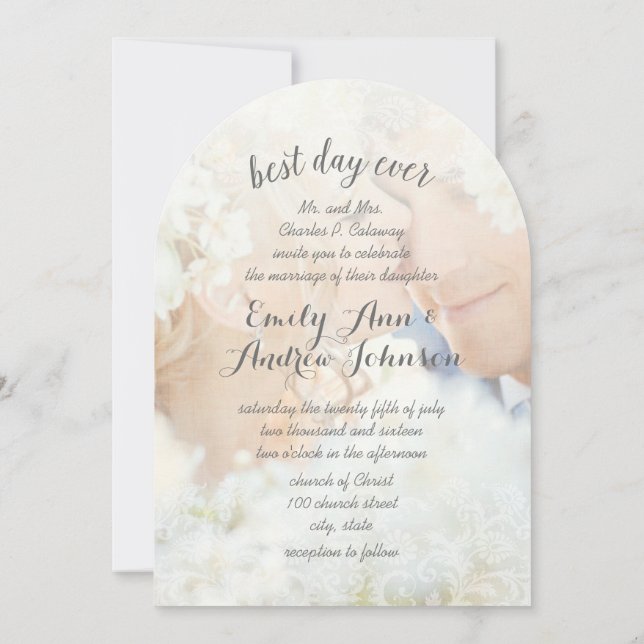 Photo Best Day Ever Damask Charcoal Font Wedding Invitation (Back)