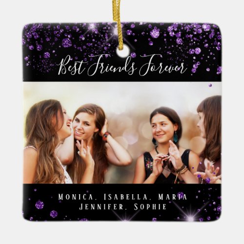 Photo best friends forever black purple glitter ceramic ornament