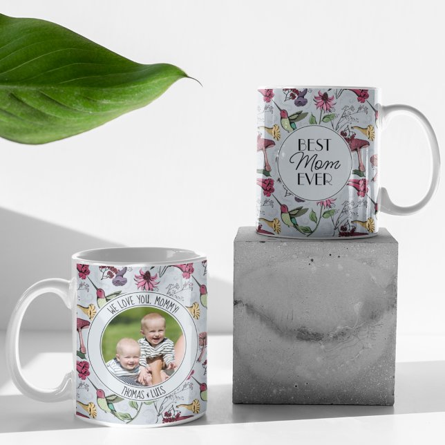 Photo Best Mom Ever Hummingbird & Exotic Flowers Coffee Mug (Chic Blue Mug with Hand-Drawn Hummingbird, Flowers & Mushrooms. Custom Photo & 2 Personalized Texts.)