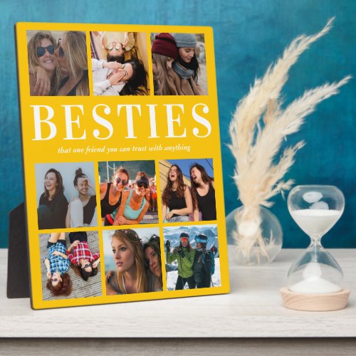 Photo Bestie Gift | Best Friend Plaque - Personalized friendship photo plaque featuring a golden yellow background that can be changed to any color, 9 pictures of you and your bestie, and a cute best friend quote.