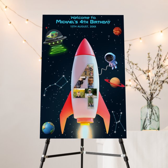Photo Big Four | Rocket Space 4th Birthday Welcome Foam Board (In Situ (Stand))
