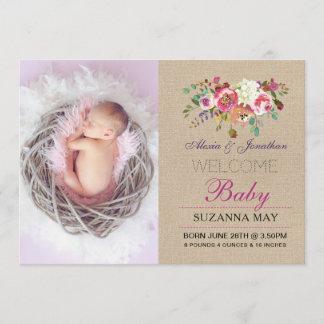 Photo Birth Announcement Baby Girl Stats Burlap