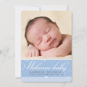 PHOTO BIRTH ANNOUNCEMENT baby lovely script blue