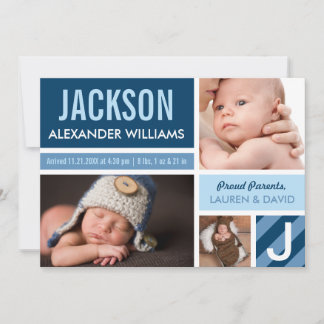 Photo Birth Announcement Card | Navy Blue Collage
