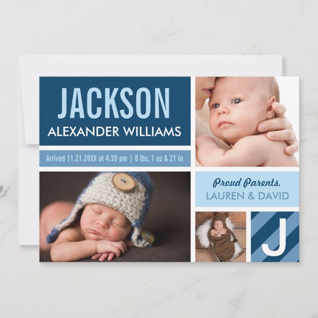 Photo Birth Announcement Card | Navy Blue Collage